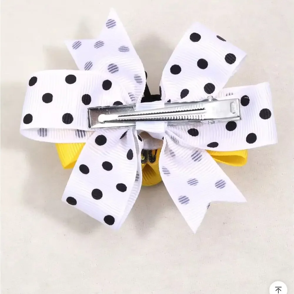 New Yellow and White Polka Dot Bow with Bee Accent